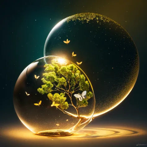 (masterpiece),(best quality:1.0), (ultra highres,), detailed, a glass ball with a tree inside of it, digital art, cg society contest winner, butterflies and sunrays, concept art design illustration, beautiful digital illustration, closed ecosystem