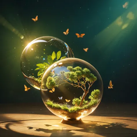 (masterpiece),(best quality:1.0), (ultra highres,), detailed, a glass ball with a tree inside of it, digital art, cg society contest winner, butterflies and sunrays, concept art design illustration, beautiful digital illustration, closed ecosystem