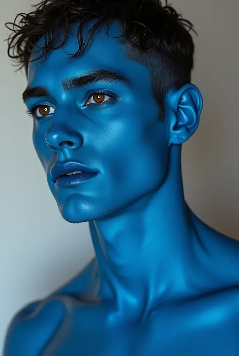 Blue face, pretty guy,  hazel eyes, long eyelash, realistic image of lond krishna 

