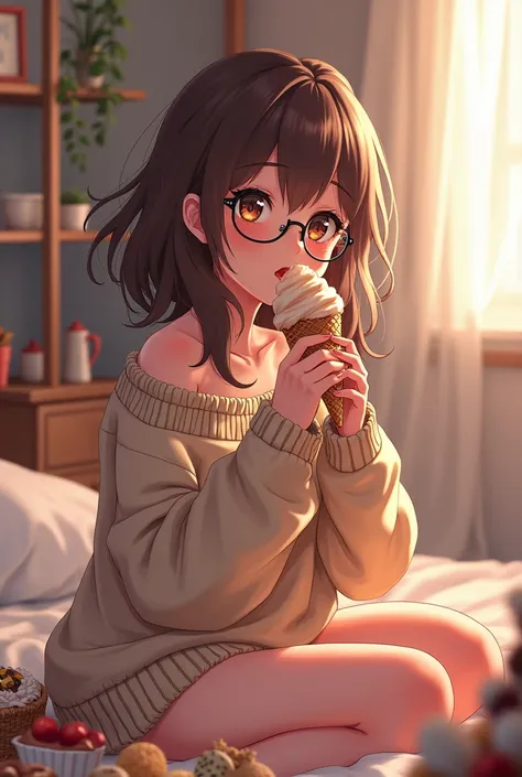 Anime cute gamer girl brown hair, brown eyes, big boobs wearing cute glasses eating gelato seductively in her bed wearing a comfy sweater with snacks