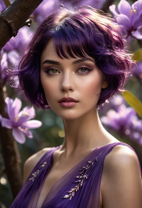 A woman, enigmatic and seductive, she embodies the mystique and elegance of nature, she has delicate elfin features, short, flowing hair in a deep, rich purple, falling like a waterfall of petals, (((a woman with short purple hair 1.75)))(((extremely beaut...