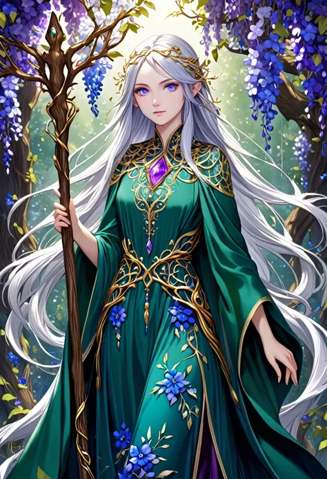 “A slender, ethereal young woman with cascading silver hair adorned with delicate, glowing blue flowers, her eyes a striking amethyst hue, wearing a flowing, deep green robe embroidered with intricate golden vines, and carrying a staff carved from ancient ...