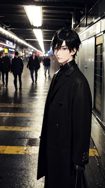 Black Hair、Cold look:1.5、Androgynous Japanese man、Teenage Boy、Dark Background、Cool man alone:1.5、Anxious expression、night、whole photo、Dark Eyes、Black gloves、weak、、Underground railway stations