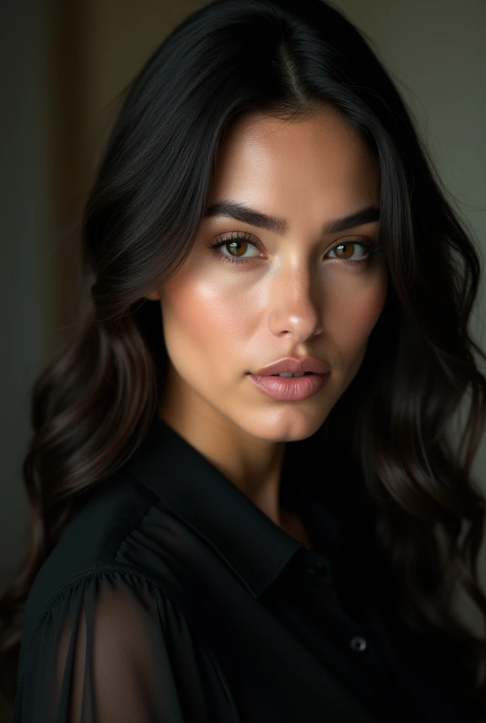 a close-up of a woman with long hair and a black blouse, a photo by Gina Pellón, instagramart, taquisma, beautiful latin face, 30-year-old woman from cuba, violet myers, looks like Laura Barriales, fernanda suarez, Julia Fontes, alanis guillen, beautiful m...