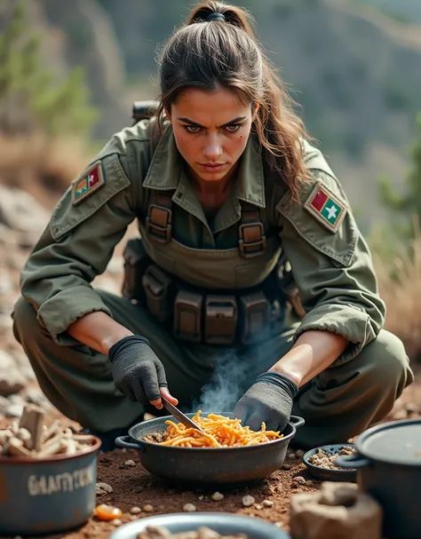 (Photorealism:1.2), Sexy woman, Female soldier cooking food, Combat Uniform