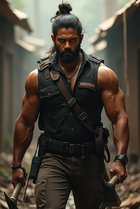 Vijay devarkonda with tying hair back hairstyle & beard, holding axe in one hand and holding Machete in other hand, wearing black vest
