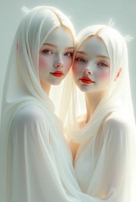  Two heavenly girls, a completely white and transparent face without a stain, a smiling face, red lips, a scarf on the head, no naked body