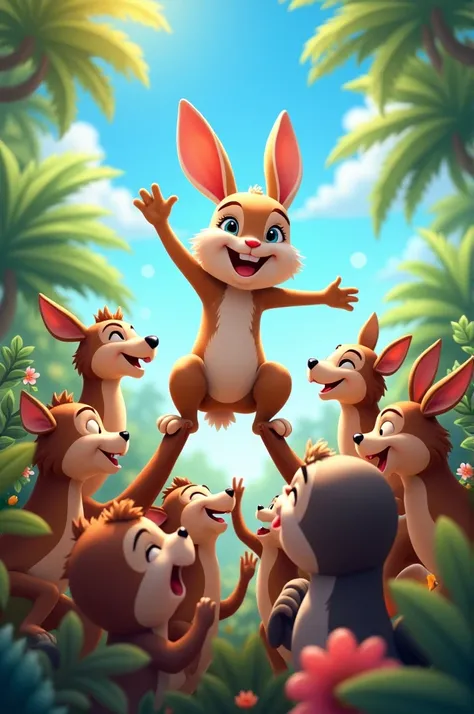 The Rabbit Celebrated by the Other Animals:The rabbit is being lifted up and cheered by various jungle animals, including deer, monkeys, and birds. They are all smiling and look relieved. The scene is bright and cheerful, with a clear blue sky and colorful...