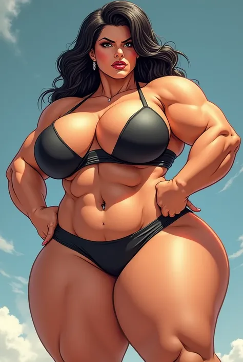 Make a woman having so so huge breast and big rounds shaped butt and musculine physiaue and having very small dress at top and wore panty at legs also angry and more big huge breast looking like a chyna from wwe and bigger than her and heving more big butt...