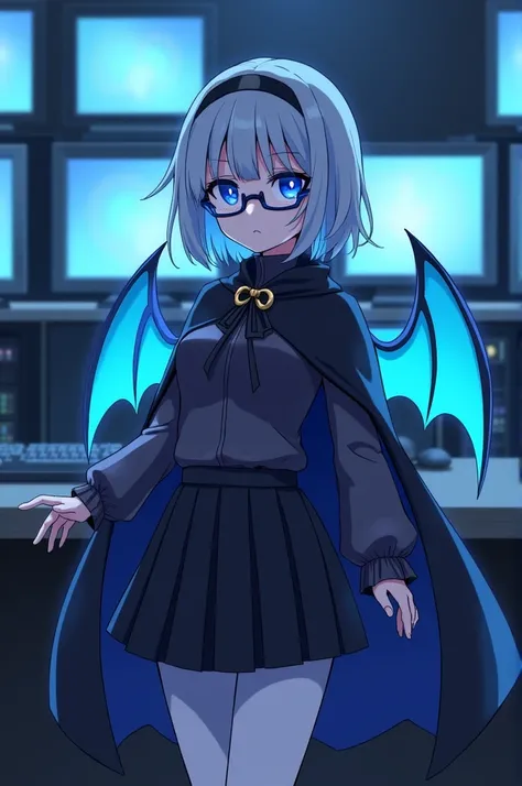 1 girl, lillaevil, For the blue, blue eyes, short hair, black cape, Skirt, white pantyhose, blue demon wings, blue tinted glasses, mini has,, inside, hiding place, many computer monitors, phantom thief hiding place,, , 