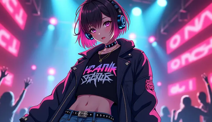 Create an anime-style female character with a Rock EDM theme. She should embody a fusion of rock and electronic dance music aesthetics. Outfit her in a stylish and edgy ensemble featuring a black leather jacket with neon accents, a graphic band t-shirt, an...