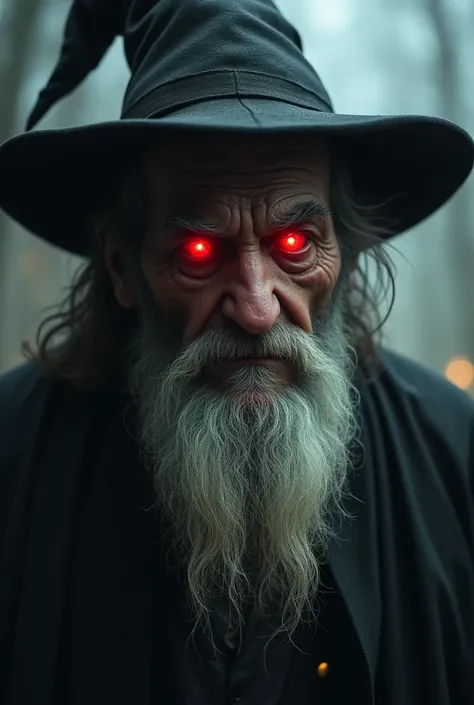 Scary old man with wrinkled face, with a big pointy nose and red lights in the eyes,big hat and a medium white beard

