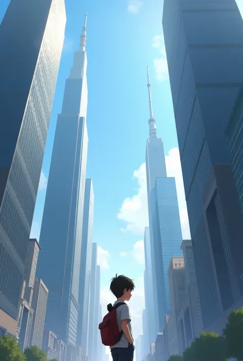 A boy standing in between skyscraper 