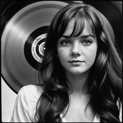 female portrait, her eyes looking at the camera, white back, black little dress, Free-flowing hair, Loose hair, untied hair, jazzy, like a record jacket, Vernacular Typography, monochrome, old lends, film camera, realistic, oldies, 50s,