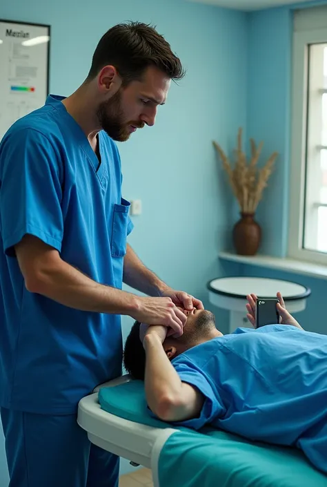 Draw me in blue scrubs and not look like I&#39;m in a hospital giving Messi physical therapy and rehabilitation 