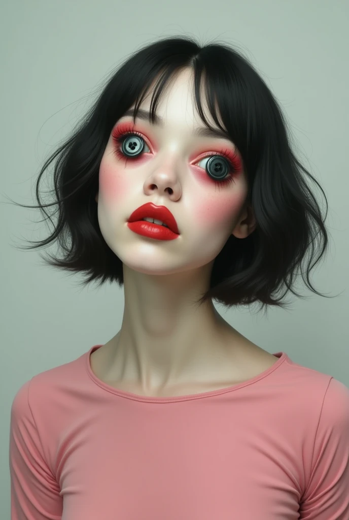 young latin pale lady with buttons in her eyes, big red lips and eyes, pale and wear a pink top
