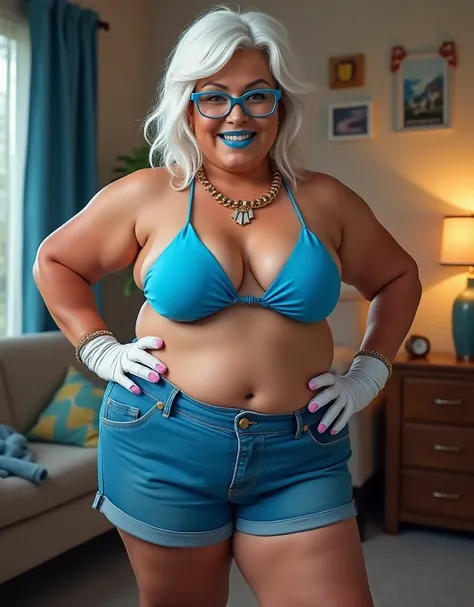 Overweight 60 year old American aged women wearing bikini cargo shorts .with blue lipstick white gloves and white hairs looking so hot while posing inside her room