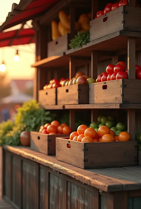 wooden shelves with six empty wooden boxes that are used to sell fruit from the produce market at sunset