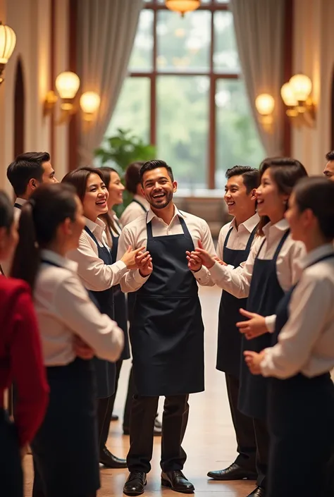 A team of people, hotel employees, together in a dynamic of fun interaction between everyone. A dynamic type of drawings, from image to action. 
I want an image that actually looks realistic 