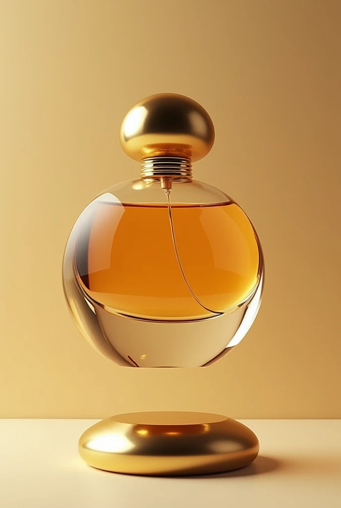 Generate a photo of the fragrance, the bottle of which looks like a capsule made of  glass. with a magnetic stand, as if in the air, golden  color. Modern style. Symmetrical form 