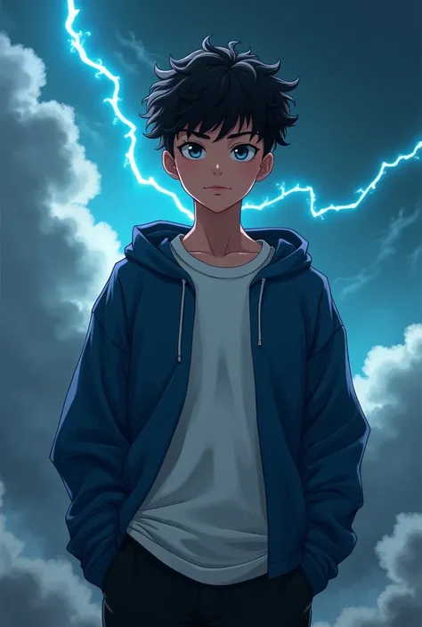 Sixteen-year-old male teenager, tall and slim, tanned white skin, brown eyes with blue highlights and red lips. black and curly hair, shaved on the sides. Wearing a white shirt and a blue coat and black pants. Blue lightning and dark clouds in the backgrou...