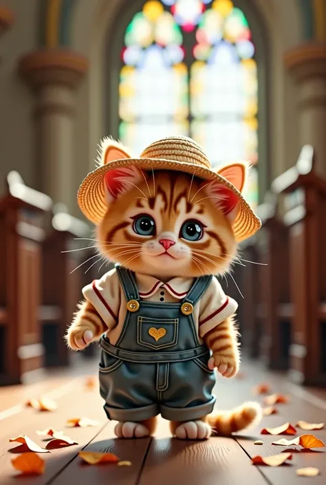 kitten　cute　Farm Outfit　church background　Real