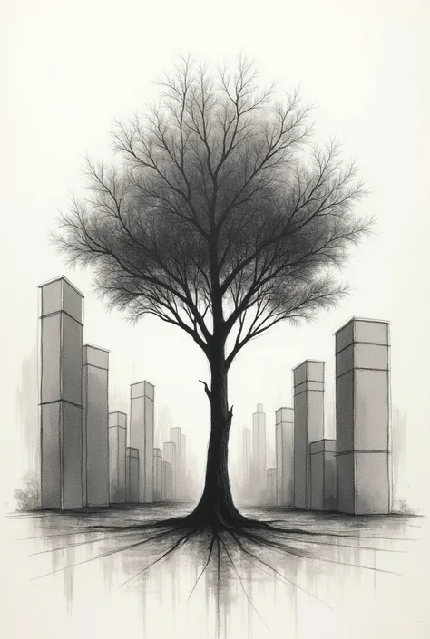 Make me a picture of a wall art that has a tree in the middle and buildings around it, do it for me in sketch form (the buildings do it in a not so complicated way but that looks professional)