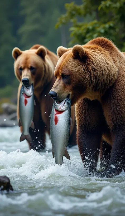 A group of grizzly bears, solitary by nature but gathered together, modern era, standing next to a river full of salmon, with a salmon in their mouth, surrounded by a lush forest, with the river flowing rapidly in the background, medium shot, hyper-realist...