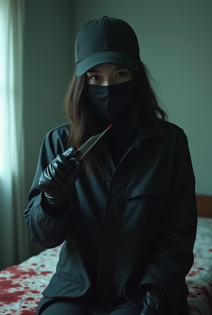 korean girl, (behind multiple stiff, holding knife), stabbing, black balaclava mask, black gloves, girl only, black raincoat, trucker hat, bloody knife, bloody room, black gloves, woman on top, behind multiple cadaver, blood splatter, on the bed, looking a...