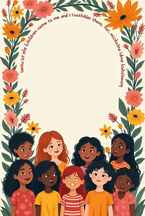 Print for a cult children&#39;s blouse with children of different colors The children at the bottom and the frese at the top With this phrase :Let the children come to me and do not hinder them., for of such is the kingdom of God.. Lucas 18:16