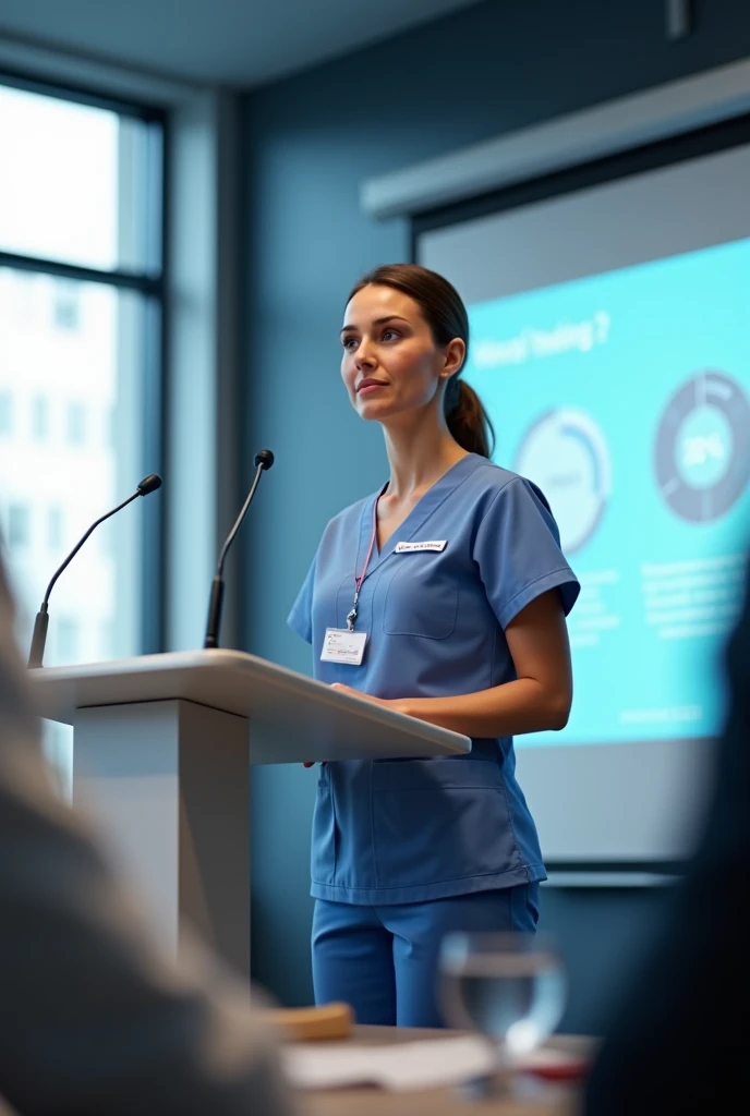 Realistic image of a nurse projecting a presentation of a health company
