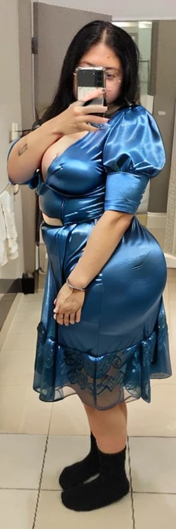 araffe woman taking a selfie in a blue dress in a bathroom, wearing blue dress, long blue dress, blue dress, wearing a blue dress, a blue dress, full covered dress, sky - blue dress, wearing a plastic blue dress, in blue dress, posing!!, belly free teal dr...