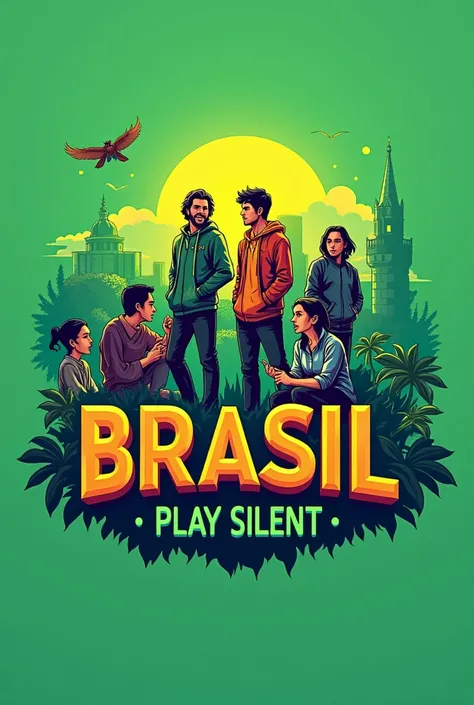 Roleplay server logo, current buildings in the background,green background with black, Written "brasil play silent",  featured sources