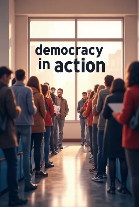 A design showcasing an image of people lining up to vote, with the phrase “Democracy in Action” prominently displayed.
