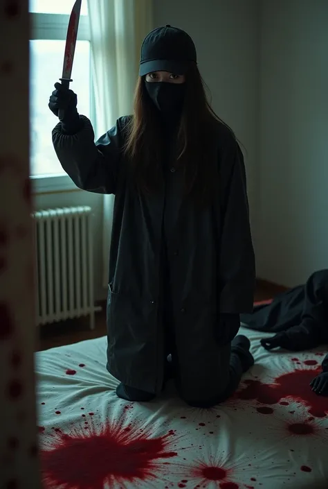 korean girl, (behind multiple stiff, holding knife), stabbing, black balaclava mask, black gloves, girl only, black raincoat, trucker hat, bloody knife, bloody room, black gloves, woman on top, behind multiple cadaver, blood splatter, on the bed, looking a...