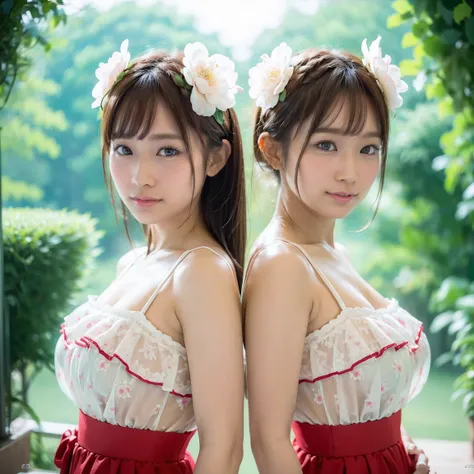 Identical twin sisters exhibition, Medium Shot, Written boundary depth, bust, Upper Body, Movie angle, masterpiece, Highest quality, Very detailed, CG, 8k wallpaper, Beautiful Face, Delicate eyes, Otome, alone, smile, bangs, skirt, shirt, have, Crimson Dre...