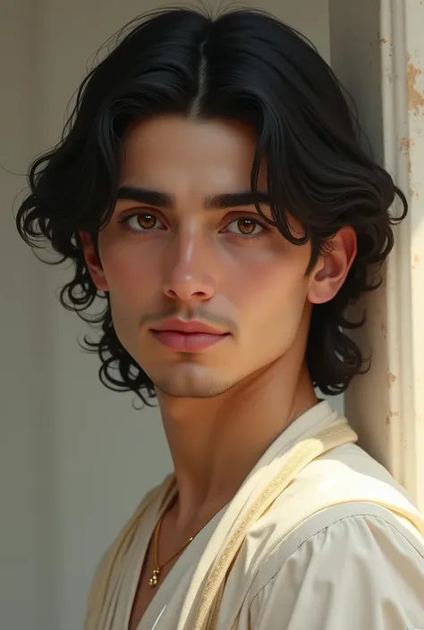 The face of Imam Hussain in a handsome youth with long hair, doe eyes, white skin
