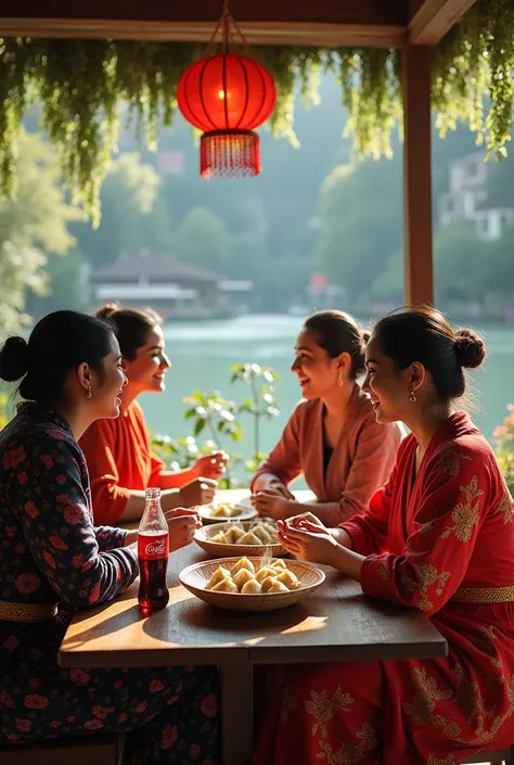 Will please create a photo of beautiful group of ladies sitting in beautiful riverside village cafe and eating tapari momo with coke