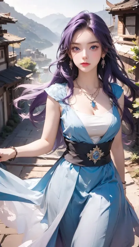 a beautiful girl with purple hair and blue eyes, in the style of 32k uhd, jewelry, necklace, long hair, dress, purple hair, earrings, blue dress, blue eyes, outdoors, day, sleeveless, pendant