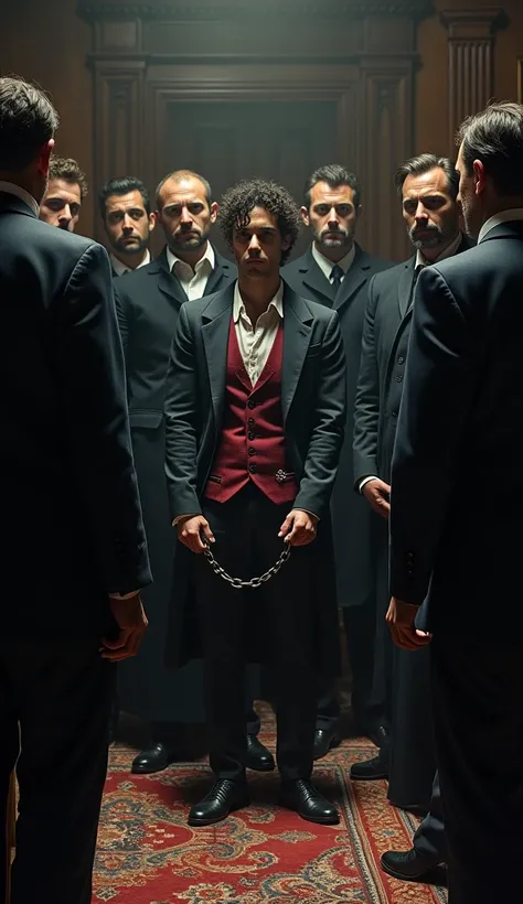 Edmond Dantes, chained and overwhelmed, stands in front of a court where men in suits, representing his accusers, look at him with contempt. The room is dark and heavy..