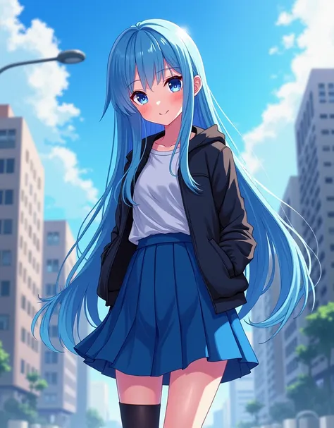 anime girl with blue hair and black jacket posing for a picture, anime girl with teal hair, anime moe artstyle, rimuru, girl with blue hair, cyberpunk anime girl in hoodie, with blue hair, anime style 4 k, trending on artstation pixiv, beautiful blue haire...