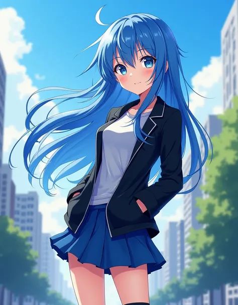 anime girl with blue hair and black jacket posing for a picture, anime girl with teal hair, anime moe artstyle, rimuru, girl with blue hair, cyberpunk anime girl in hoodie, with blue hair, anime style 4 k, trending on artstation pixiv, beautiful blue haire...