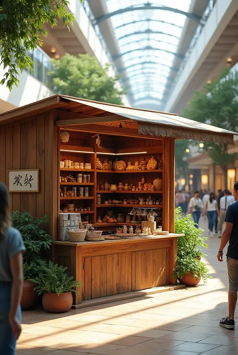 A low roofless wooden kiosk displaying products in a shopping mall corridor with shelves and plants 