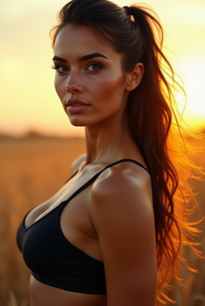 beautiful detailed eyes, beautiful detailed lips, extremely detailed eyes and face, long eyelashes, 1 girl, fitness girl, posing, bare breadts, athletic, muscular, dynamic pose, outdoor field, sunlight, golden hour, cinematic lighting, dramatic, photoreali...