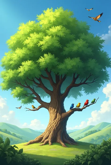 tree with 4 birds and two flying