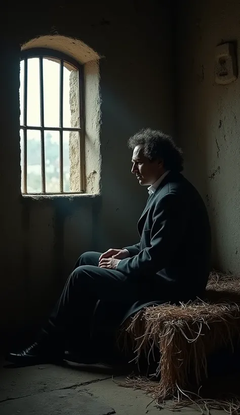 Edmond Dantès dans sa cellule sombre au Château dIf, assis sur un lit de paille avec des murs en pierre. Il regarde par une  fenêtre avec une expression mélancolique et résignée.