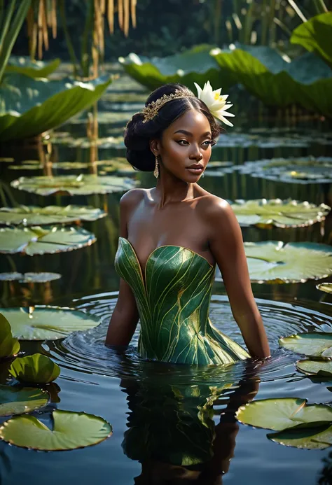 "A woman, mesmerizing and dignified, embodies the majestic beauty of the Victoria regia plant. She has a serene, almost ethereal presence, with deep, lustrous skin that contrasts beautifully with the lush, verdant backdrop of the water lilies. (((A woman w...