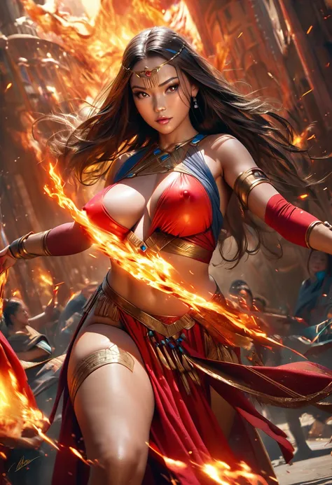 {best quality,4K,8k,highres,masterpiece:1.2),ultra-detailed,(realistic,photorealistic,photo-realistic、looking at the camera}、{Chinese、Dancer、Very large breasts、Covered nipples、extremely detailed eyes and face}、Flaming background、(Has a fire element、There a...