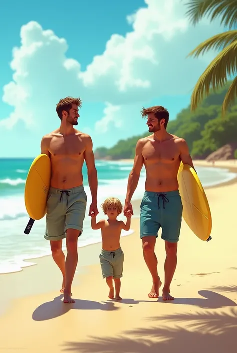 A scene on Ferradura beach in Armação de Búzios, on a sunny afternoon. Three people are walking on the sand: a 3 man with 1,80m de altura, chestnut hair, wearing shorts and a shirt, with a common body; Beside him, A 3 man, 1,76m high, a little less thin, w...