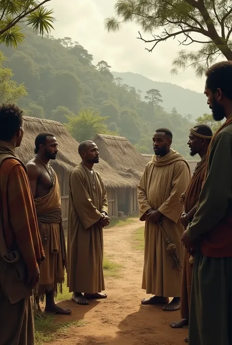 Missionaries talking to indigenous leaders, with traditional villages in the background. old huts old time
